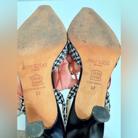 Jimmy Choo Vintage Black White Houndstooth Wool Red Dainty Ribbon Pumps EU 37 - Picture 7 of 7